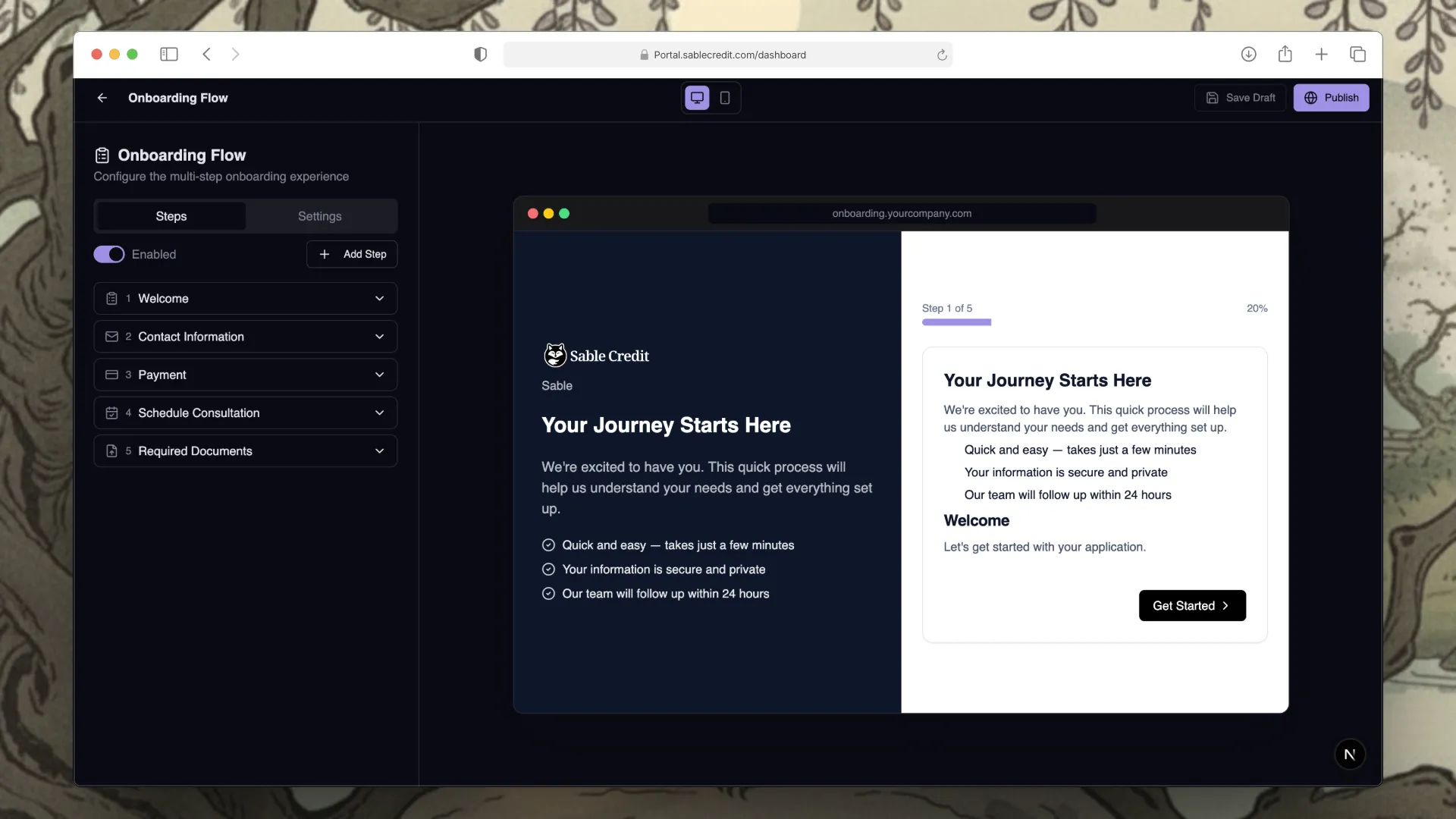 Custom onboarding design interface