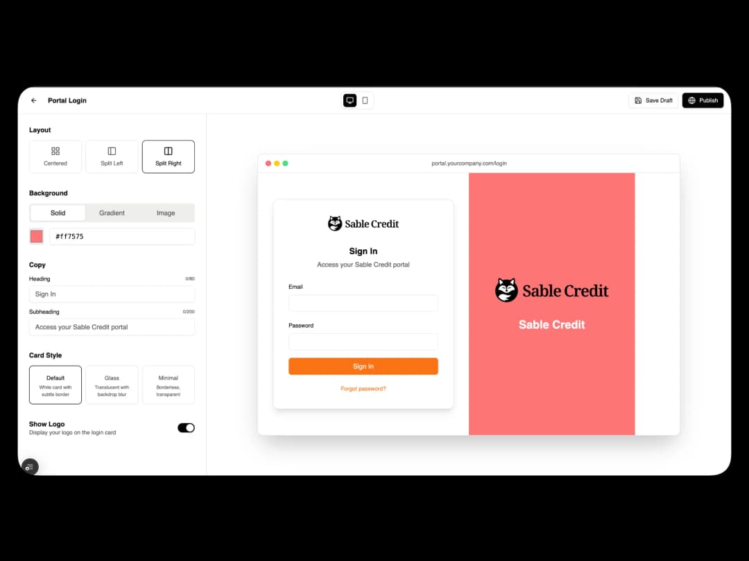 Portal login editor with layout, background, and card style controls