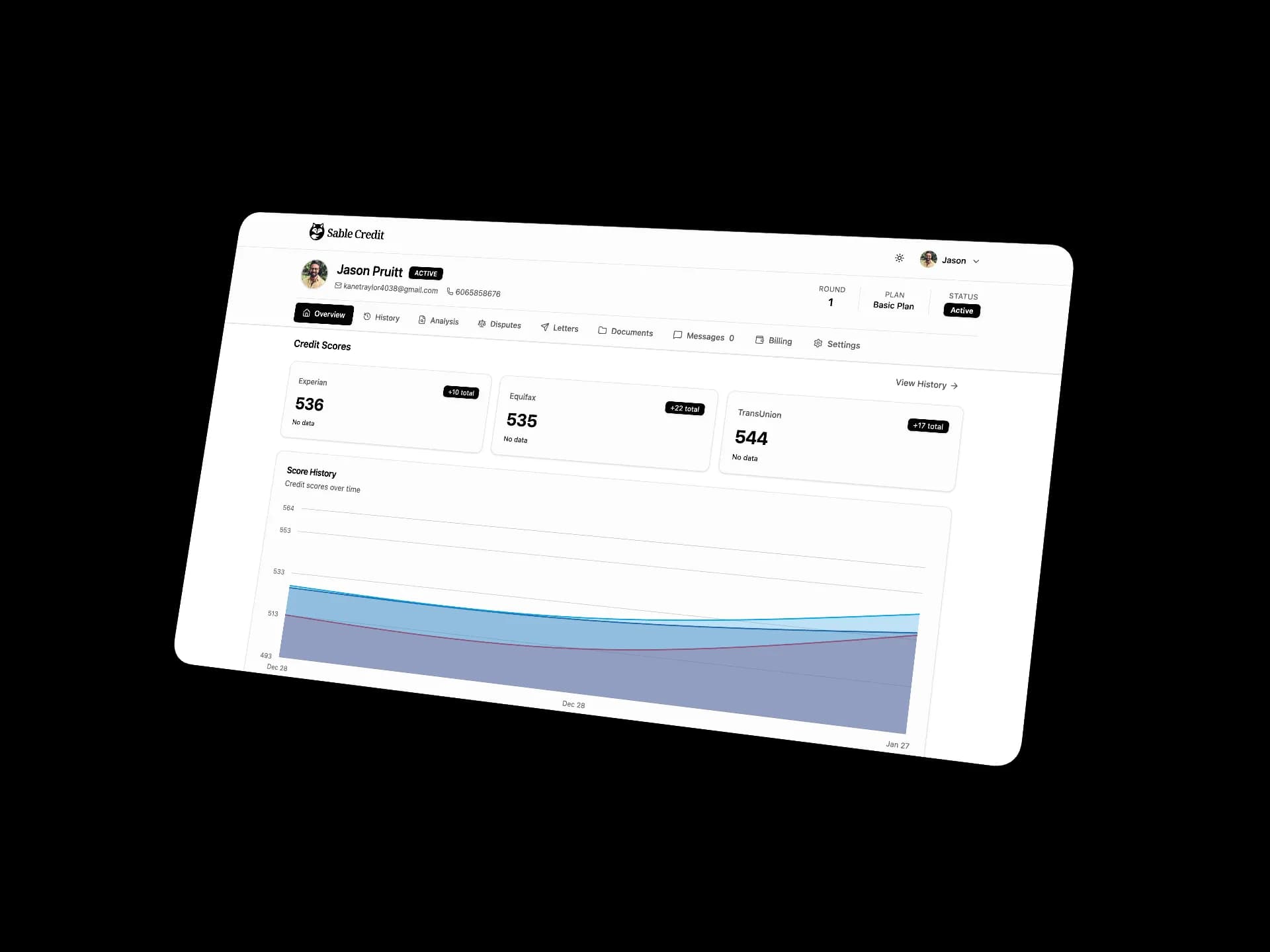 White-labeled client portal showing credit scores and dispute progress