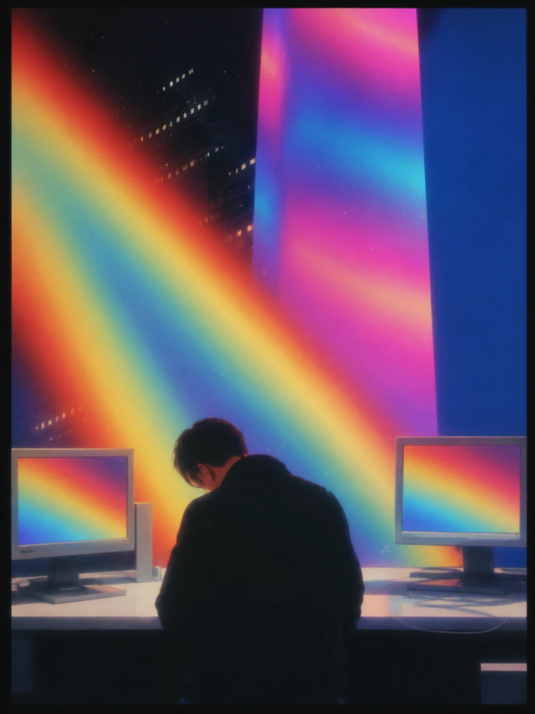 A person working at a desk between two monitors catching a prismatic spectrum