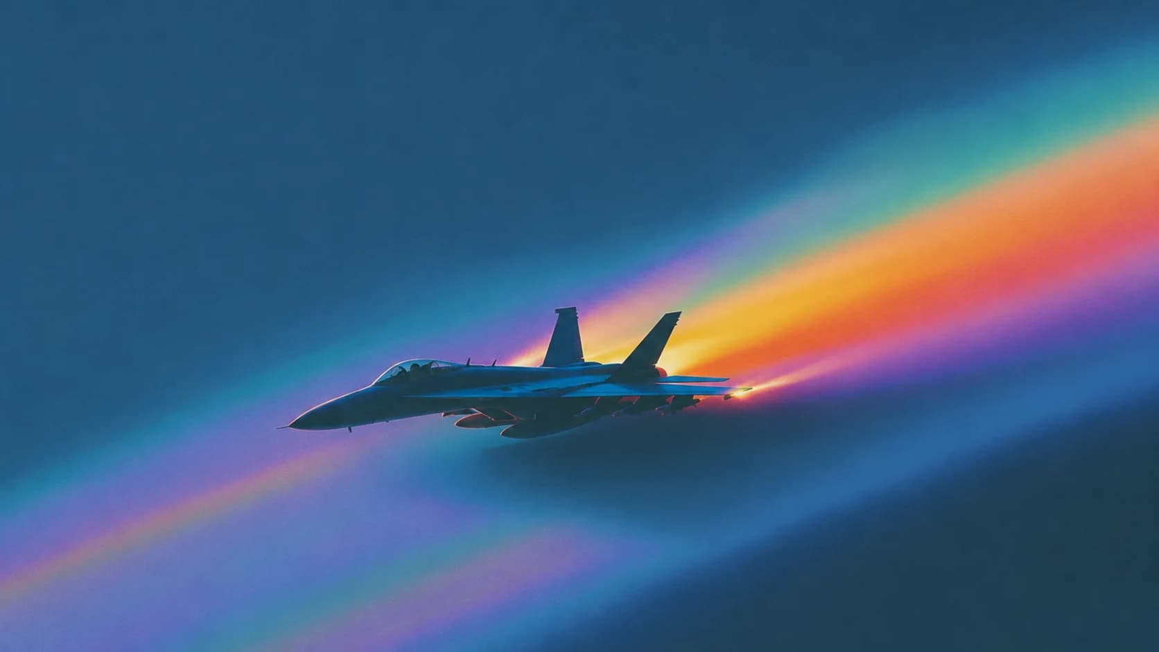 A jet cutting through haze, its afterburner igniting a prismatic trail across a deep blue sky
