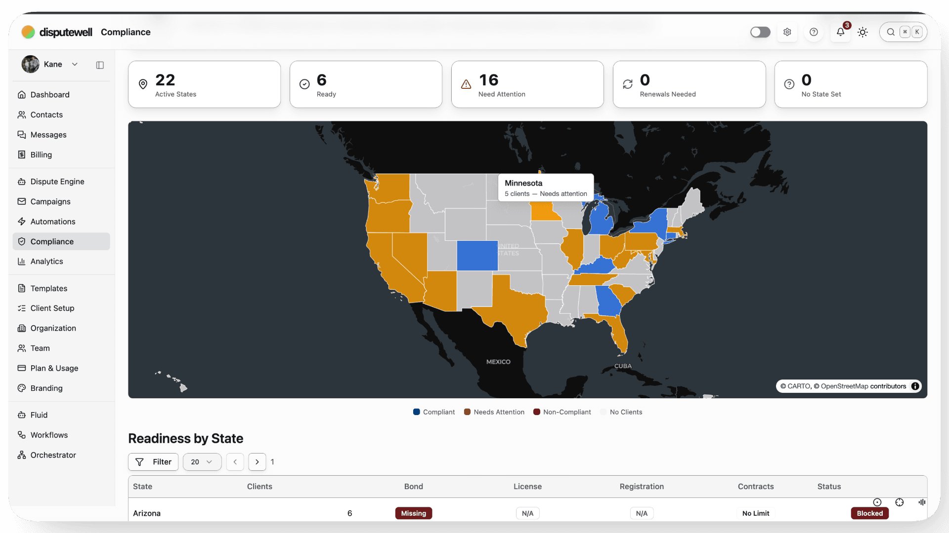 The 50-state compliance dashboard: a US map shaded by readiness with per-state bond, license, and registration tracking