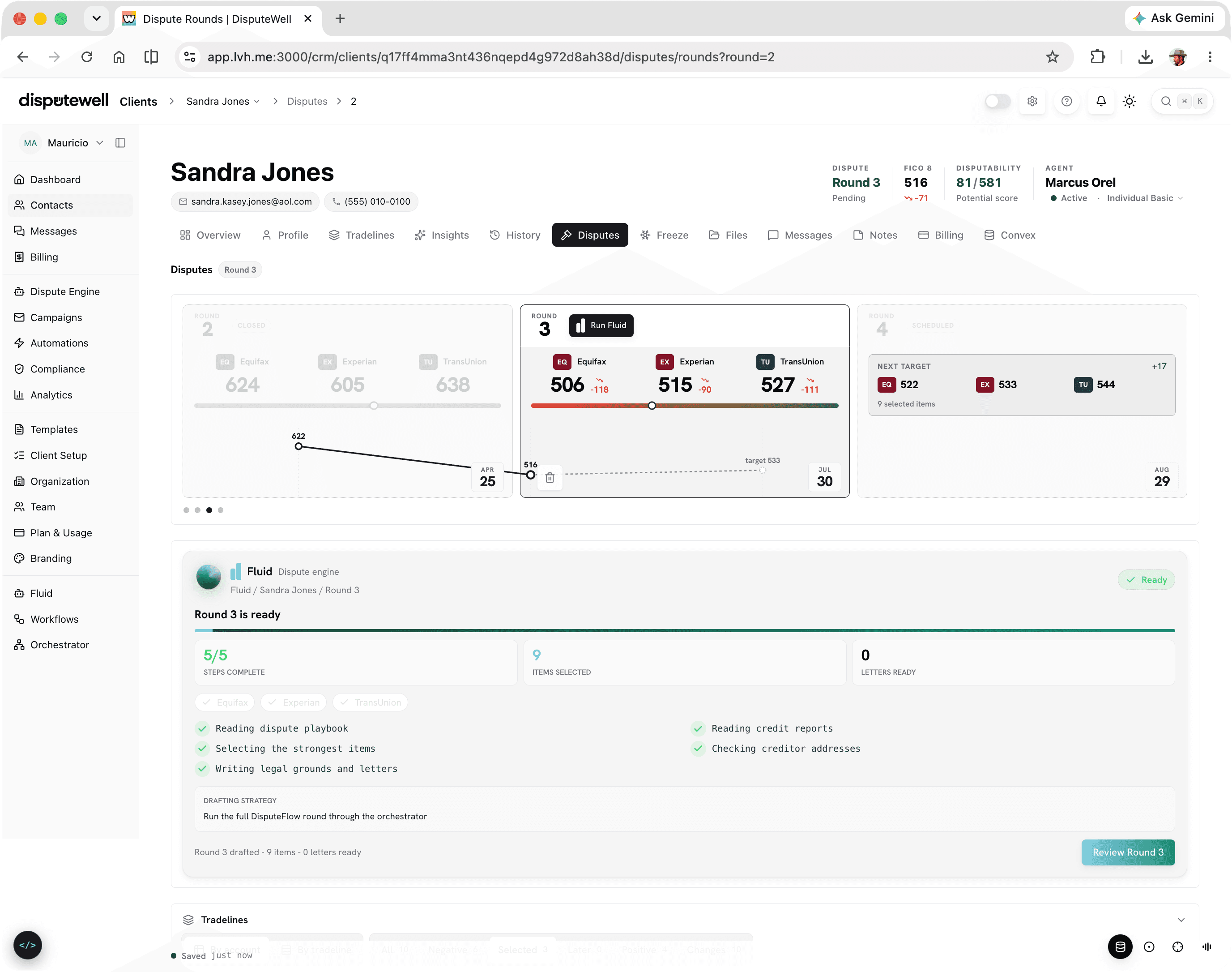 A client's Disputes tab in light mode with Round 3 ready for review, bureau score changes, and Fluid's completed workflow steps