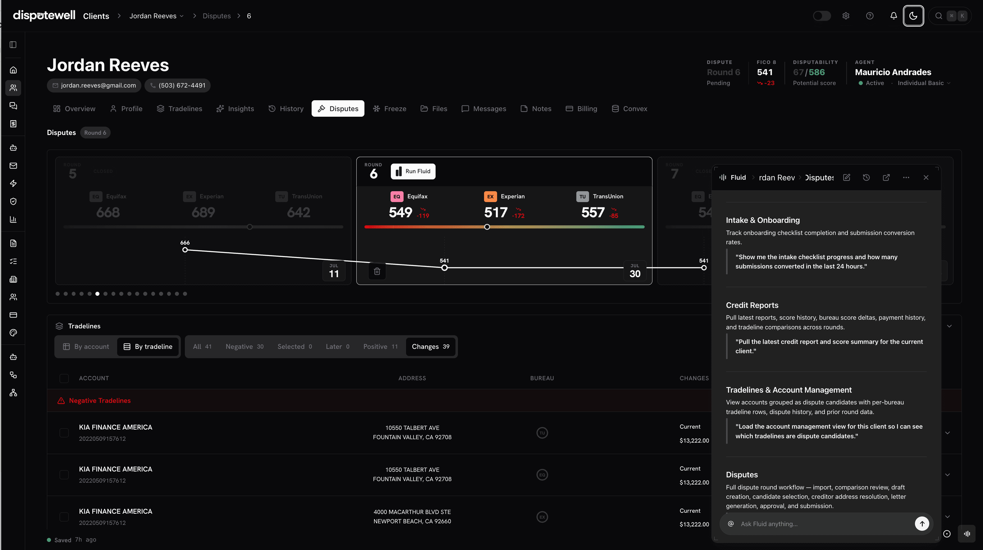 A client's Disputes tab in dark mode with Round 6 selected, bureau score changes, tradeline rows, and the Fluid assistant open beside the round timeline