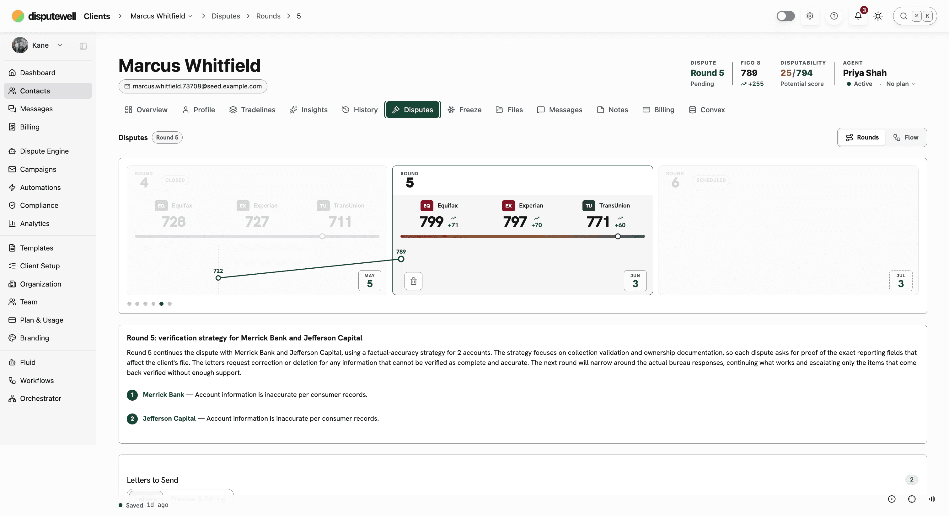 A dispute round in flight: letters built with reasons, instructions, and creditor addresses, with the next round already scheduled