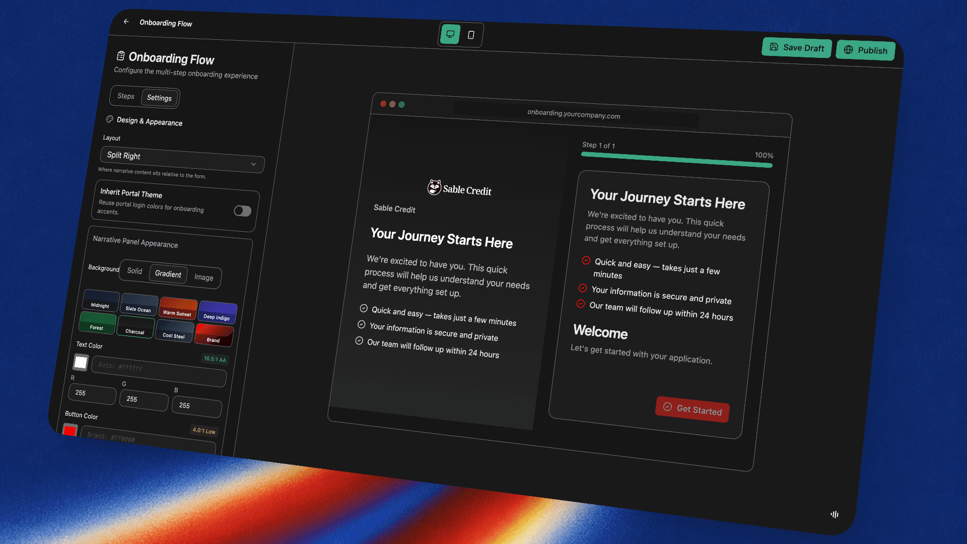 The onboarding flow builder with custom steps, agreements, and e-sign
