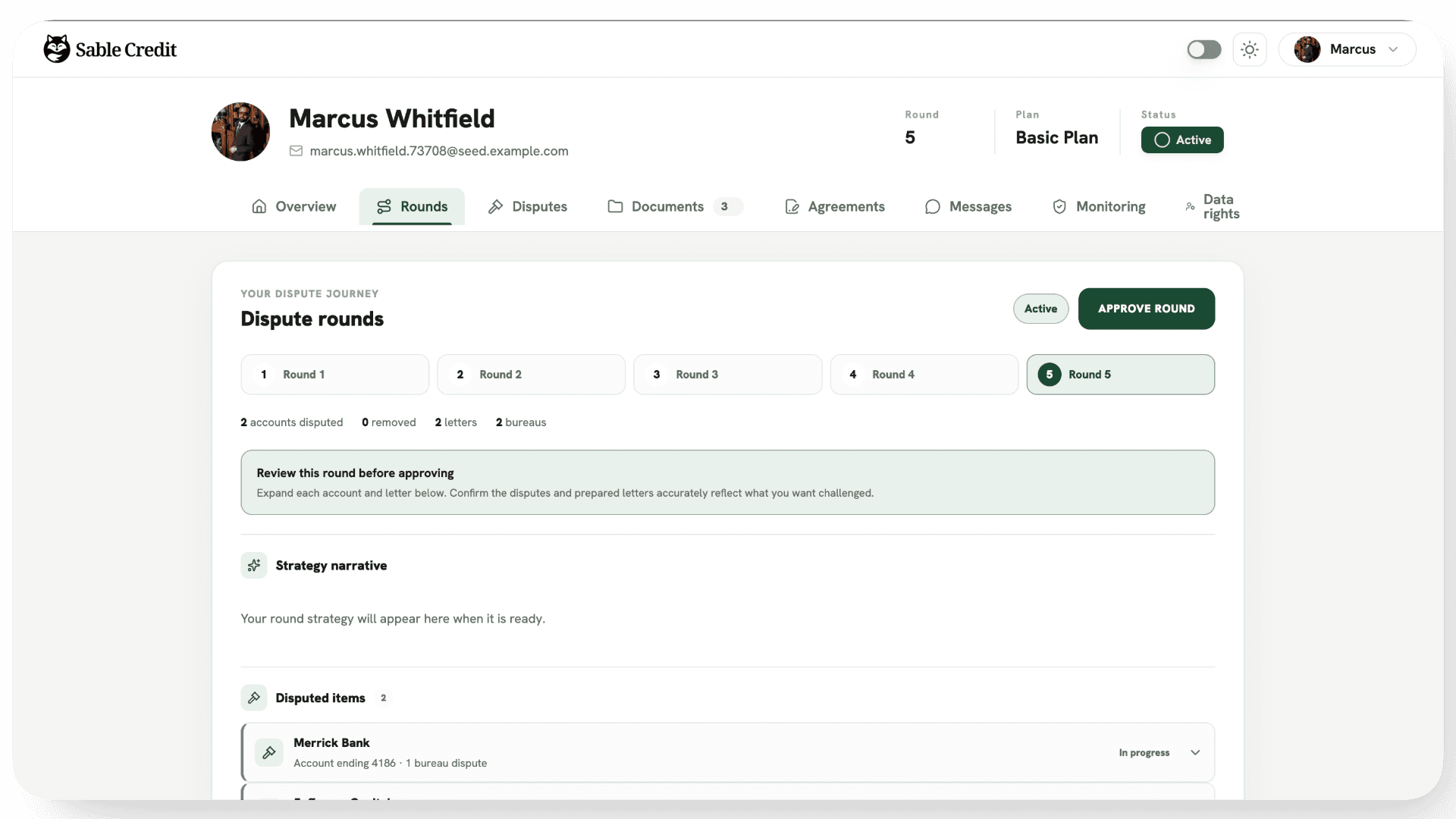 The client portal under a business's own brand: a client on round five reviewing his disputed items with an Approve Round button