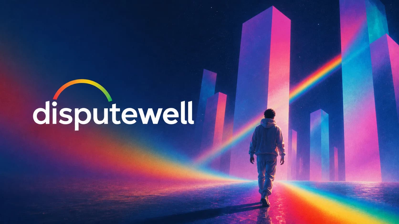 A figure walking along a prismatic beam toward a skyline of rising luminous towers