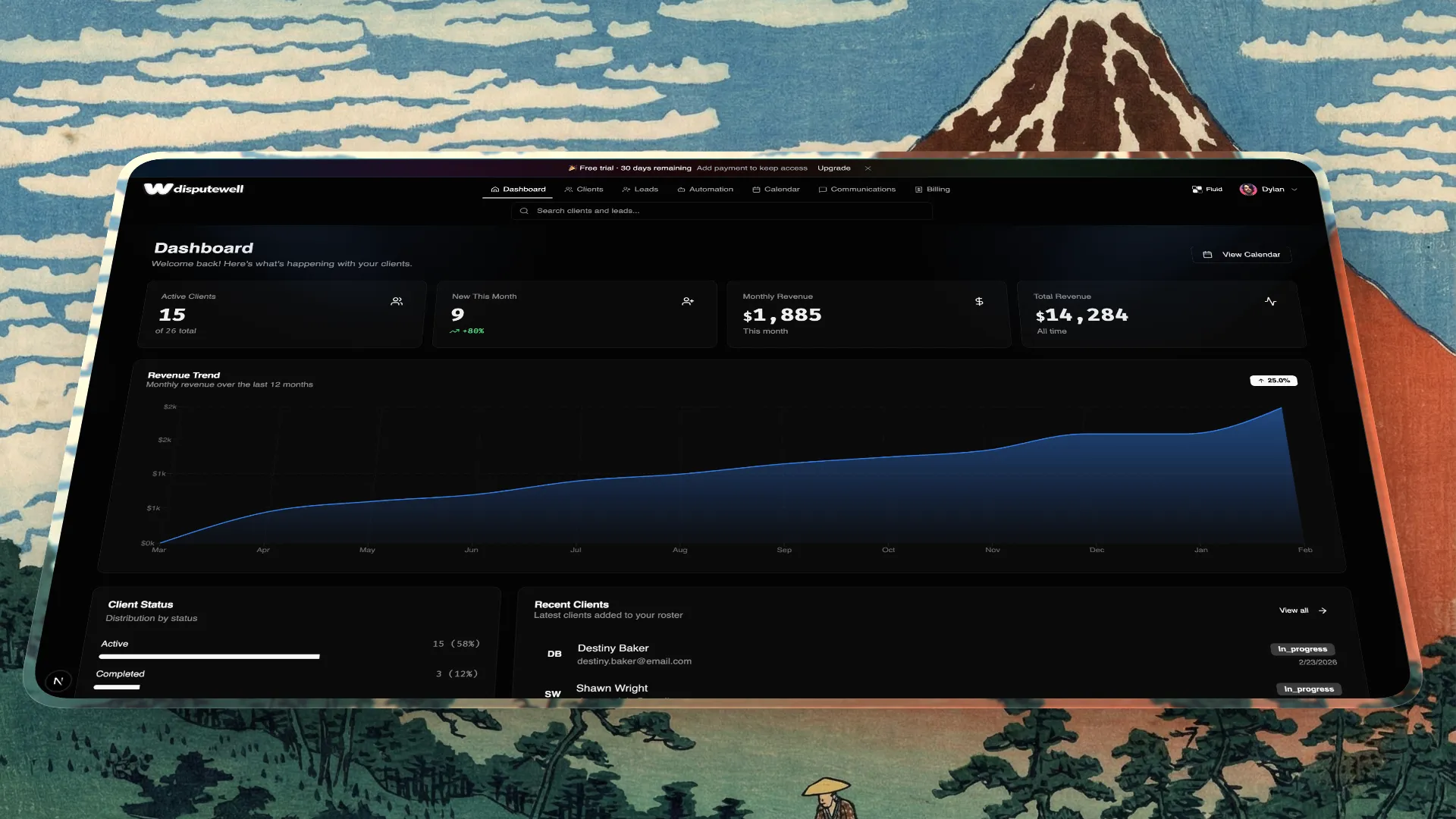 DisputeWell platform dashboard showing client management interface